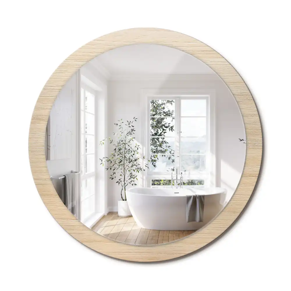 Miroir rond avec décoration bois clair