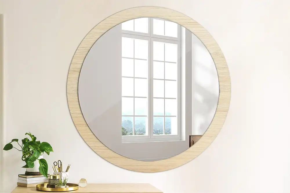 Miroir rond avec décoration bois clair