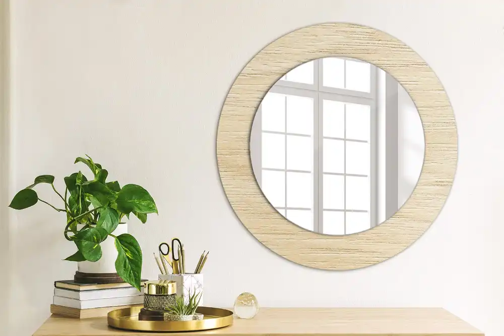 Miroir rond avec décoration bois clair