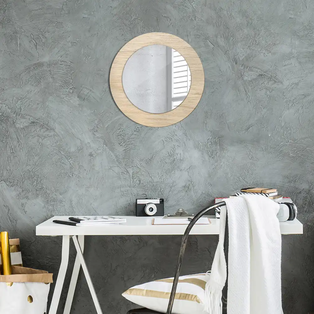 Miroir rond avec décoration bois clair