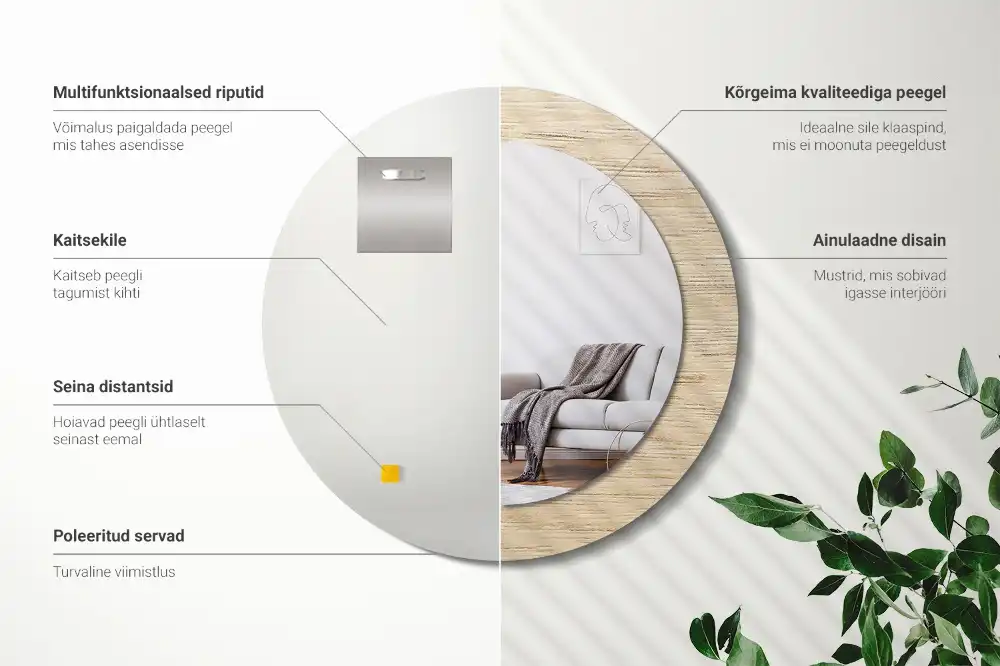 Miroir rond avec décoration bois clair