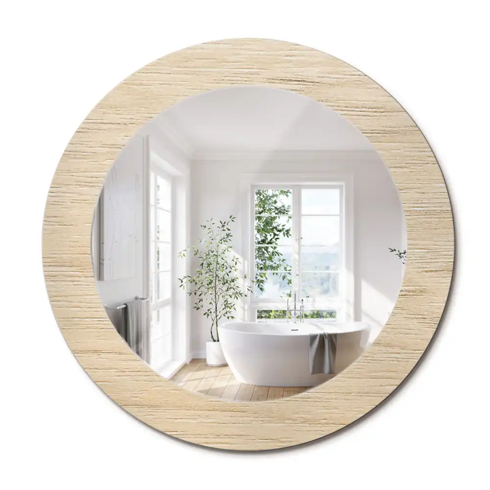 Miroir rond avec décoration bois clair