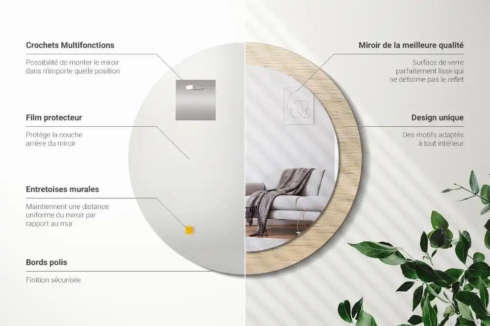 Miroir rond avec décoration bois clair