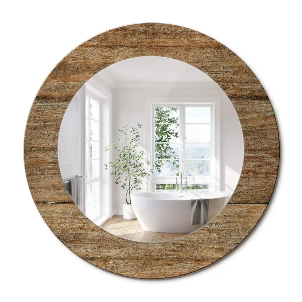 Miroir rond cadre avec impression bois patiné