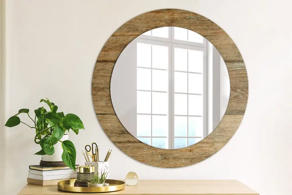 Miroir rond cadre avec impression bois patiné