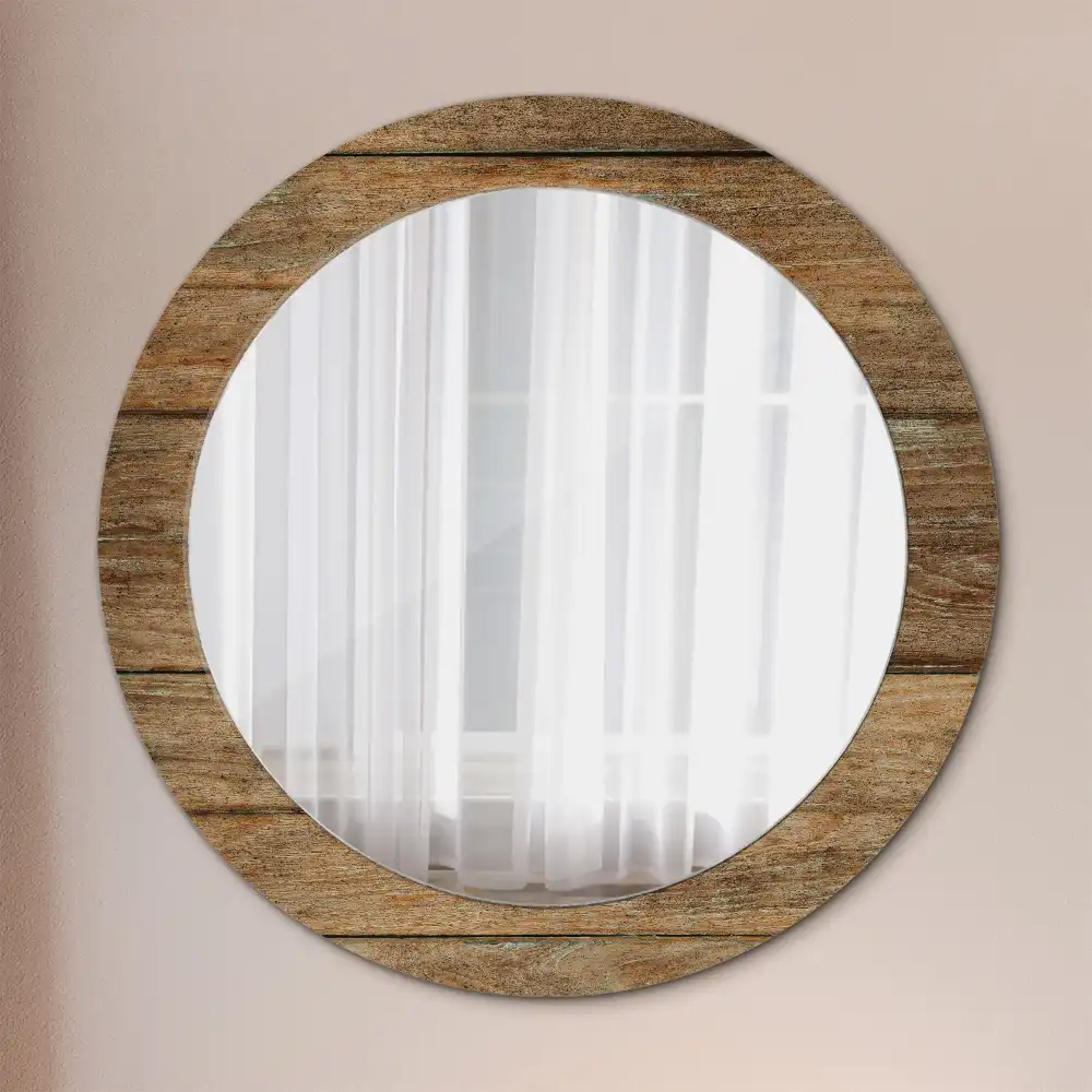 Miroir rond cadre avec impression bois patiné