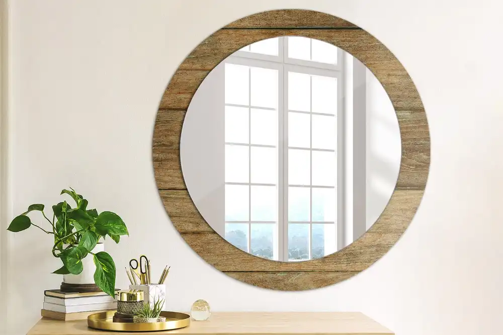 Miroir rond cadre avec impression bois patiné