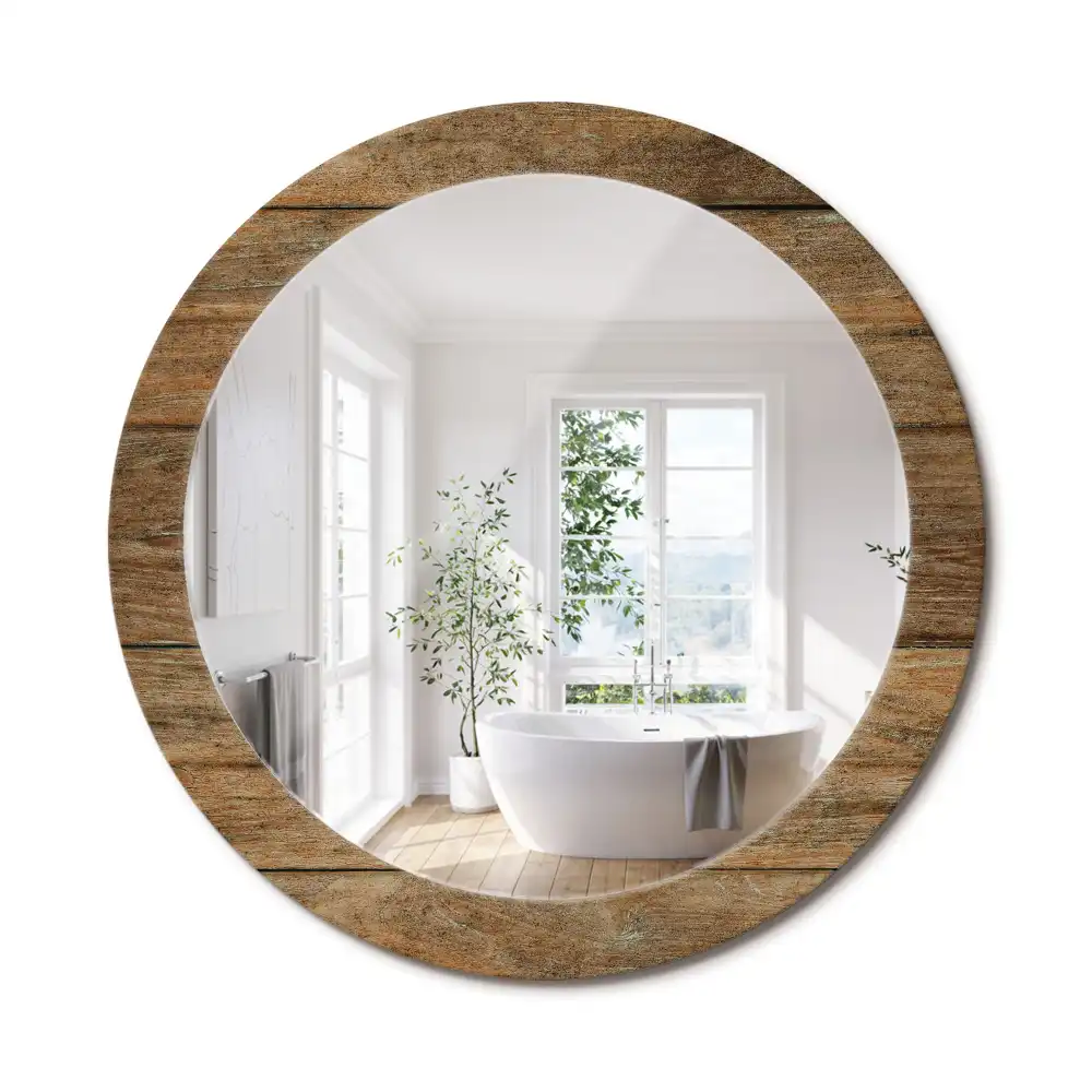 Miroir rond cadre avec impression bois patiné