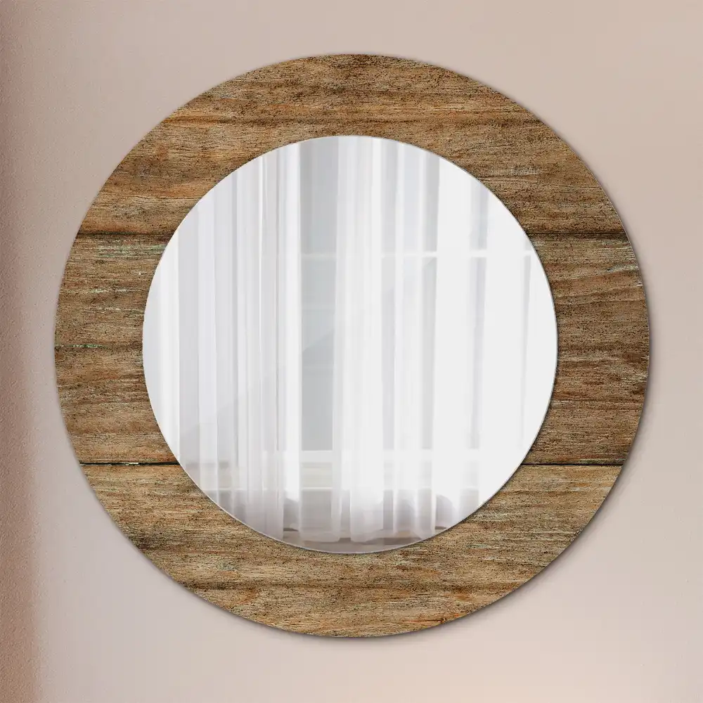 Miroir rond cadre avec impression bois patiné
