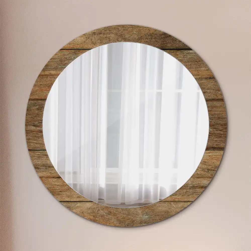 Miroir rond cadre avec impression bois patiné