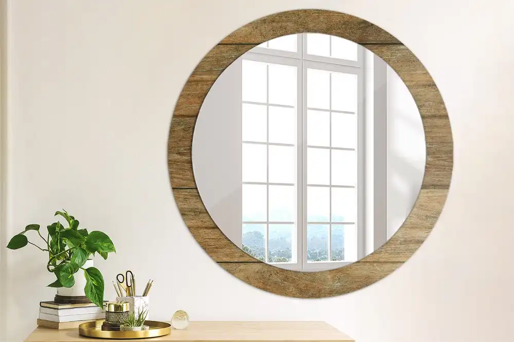 Miroir rond cadre avec impression bois patiné
