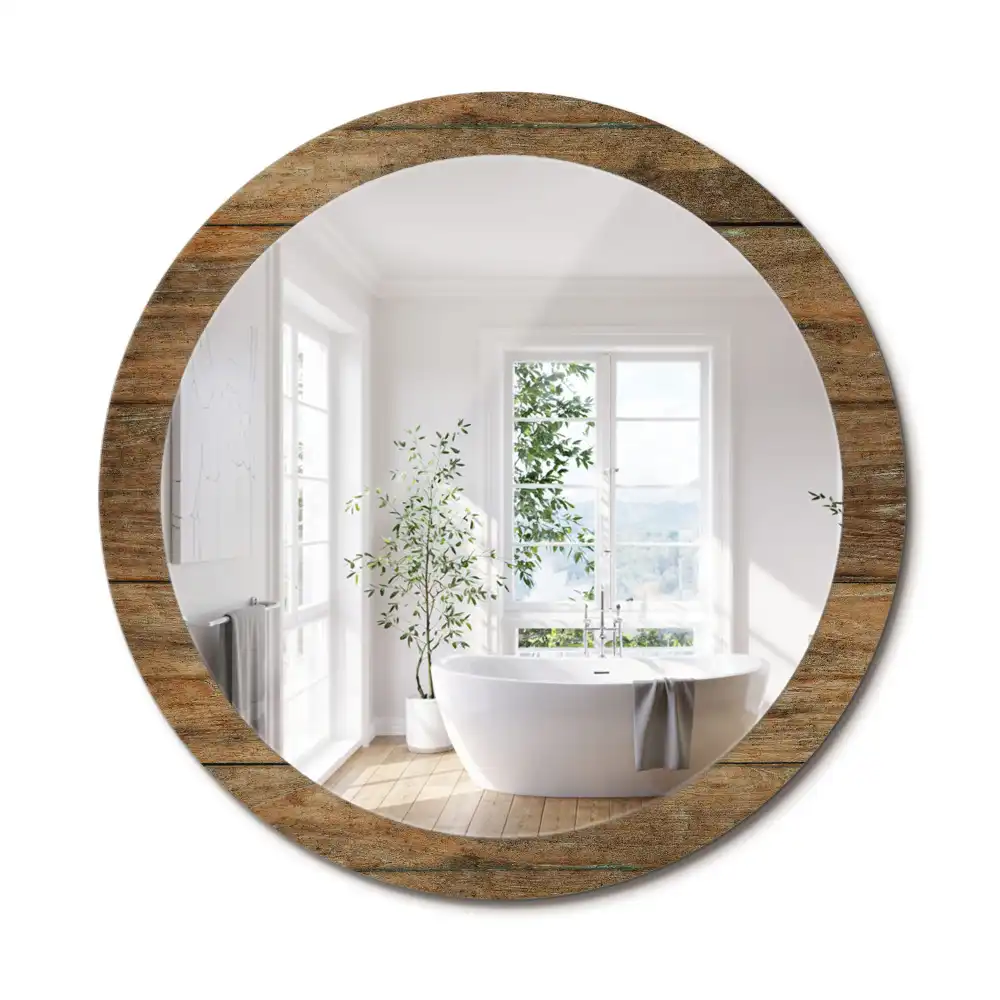Miroir rond cadre avec impression bois patiné