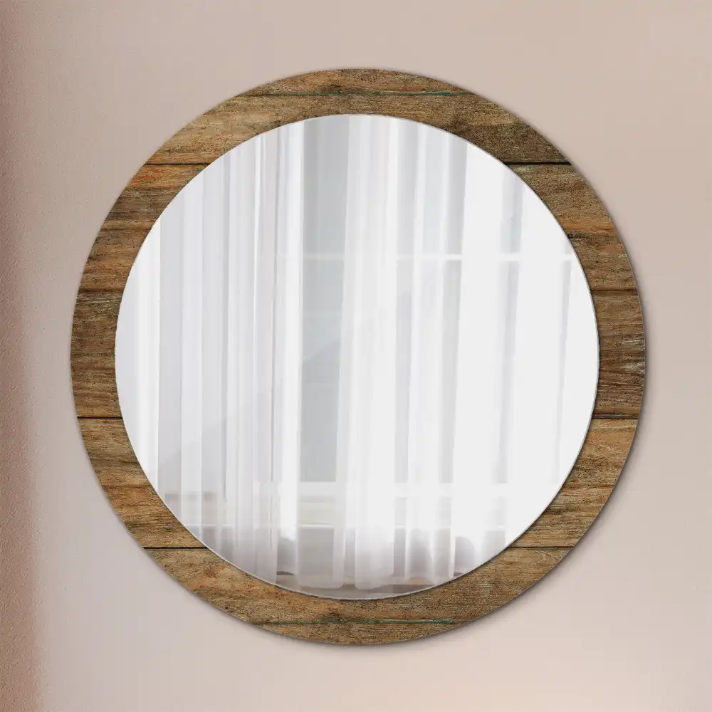 Miroir rond cadre avec impression bois patiné