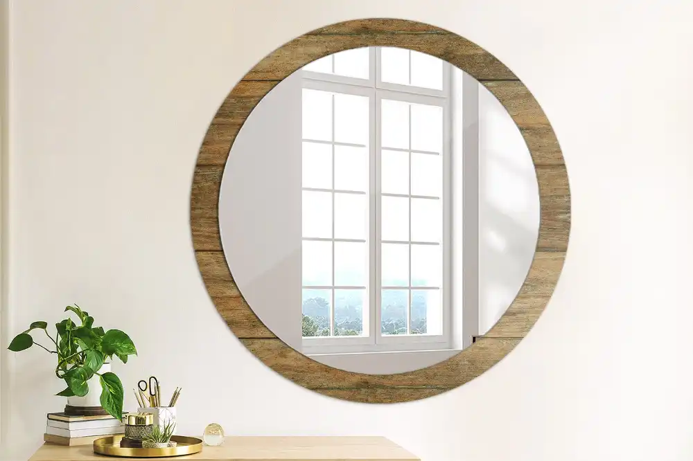 Miroir rond cadre avec impression bois patiné