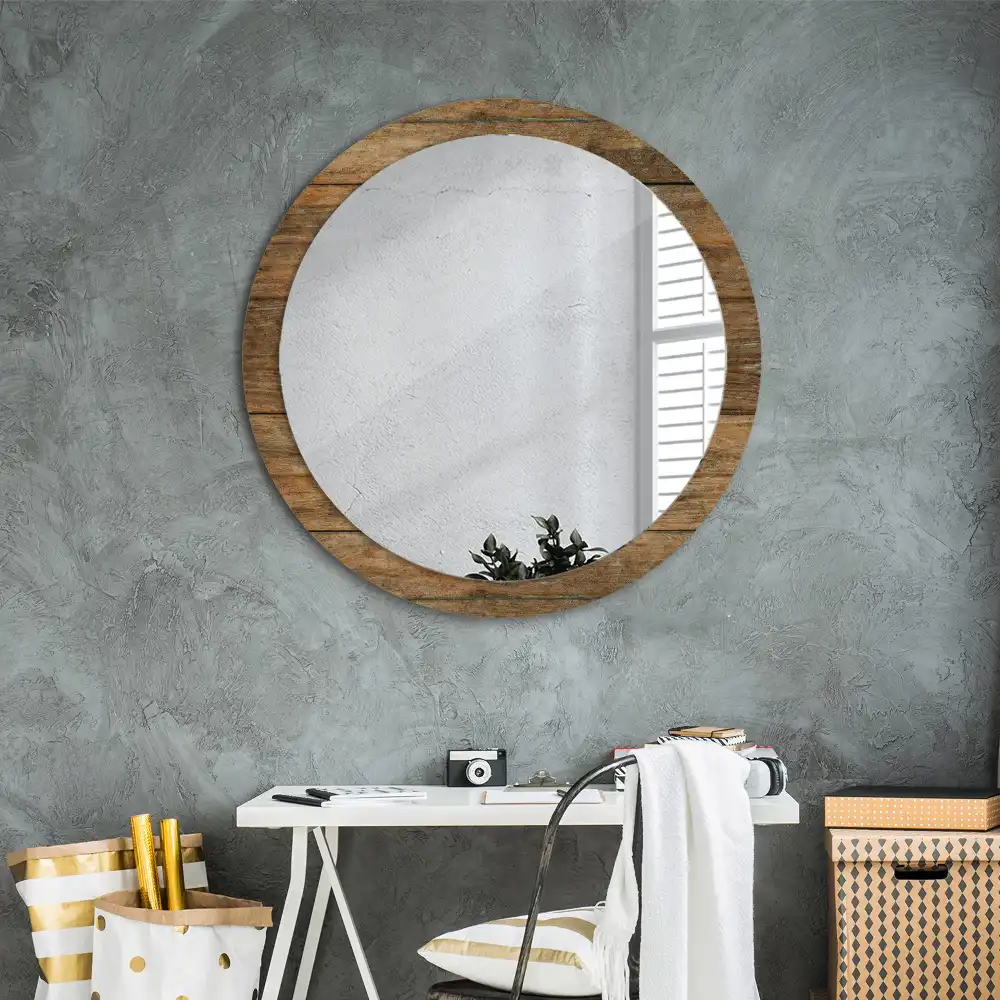 Miroir rond cadre avec impression bois patiné