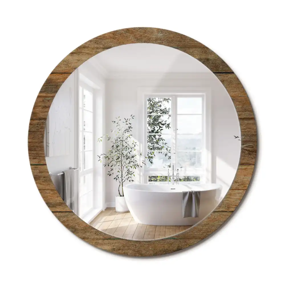 Miroir rond cadre avec impression bois patiné
