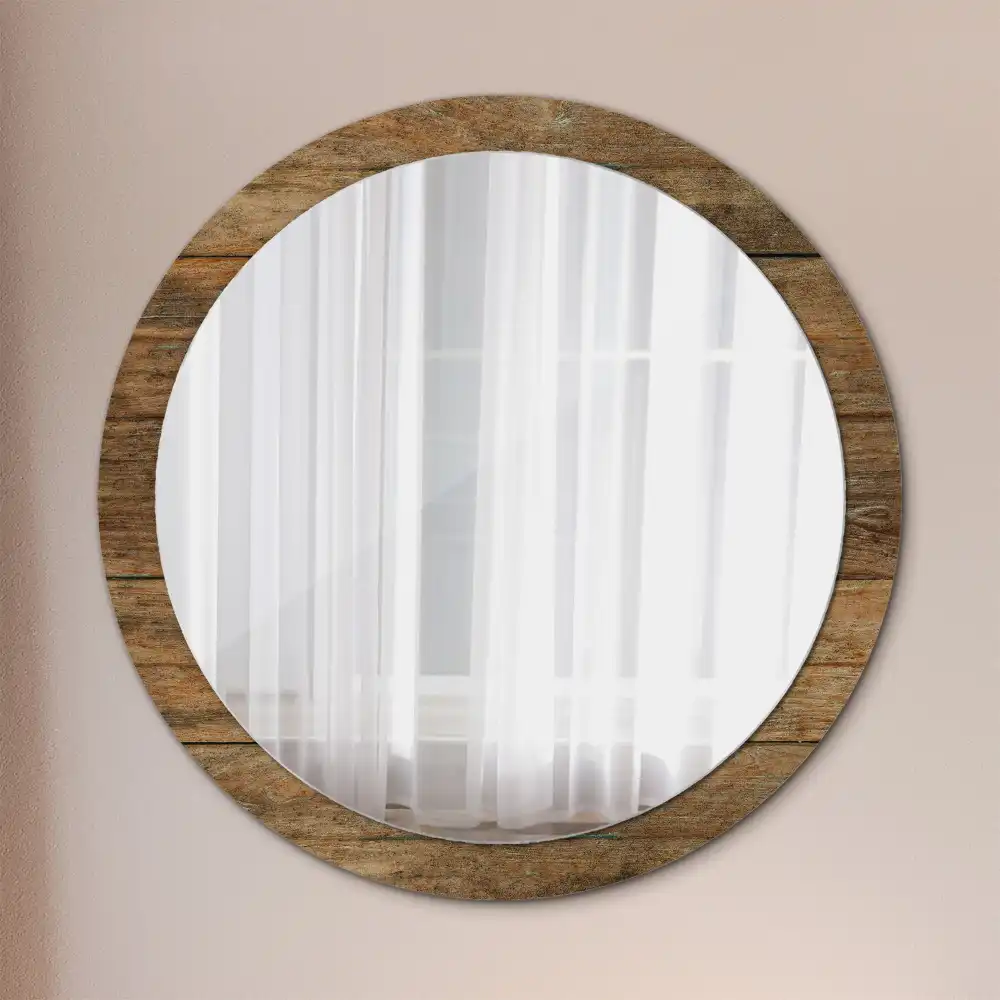Miroir rond cadre avec impression bois patiné