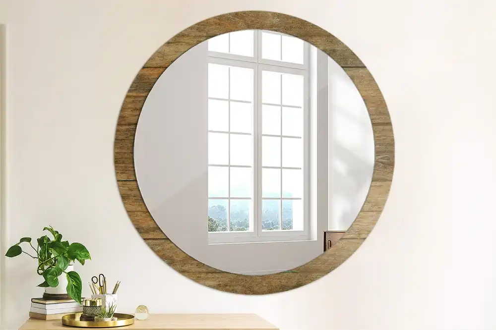 Miroir rond cadre avec impression bois patiné