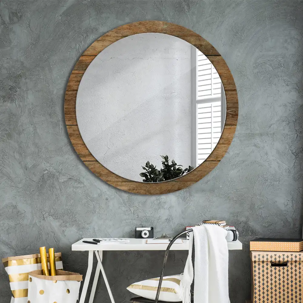 Miroir rond cadre avec impression bois patiné