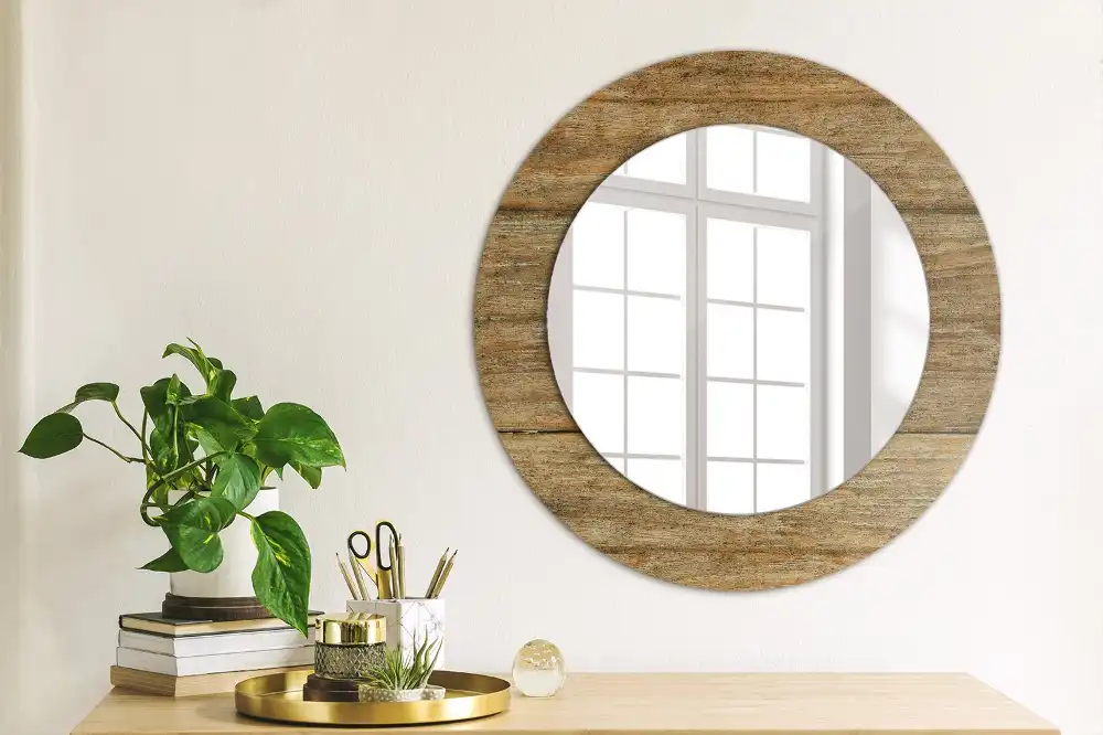 Miroir rond cadre avec impression bois patiné