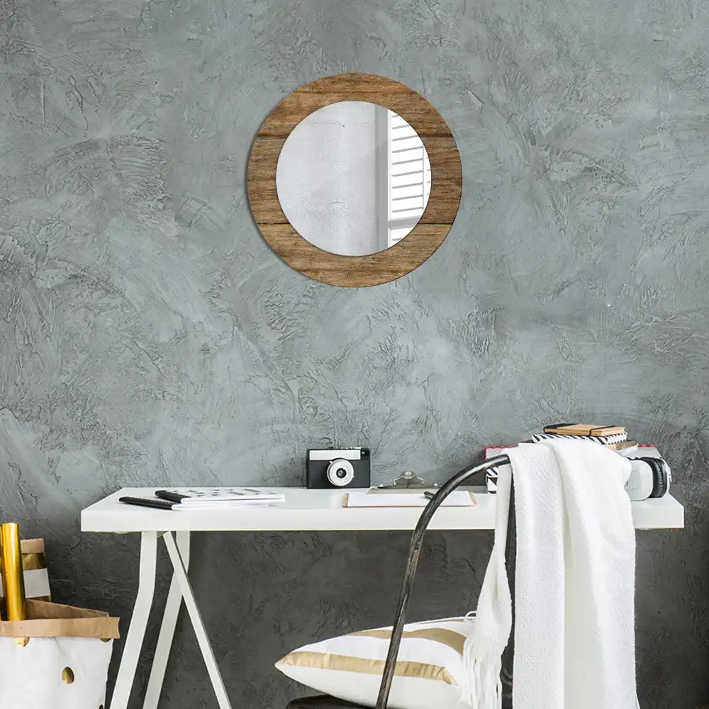 Miroir rond cadre avec impression bois patiné