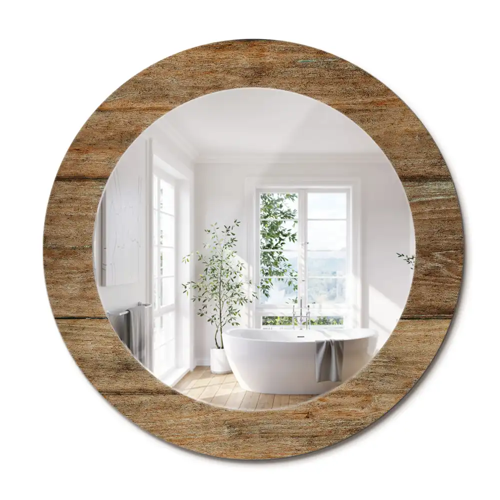 Miroir rond cadre avec impression bois patiné