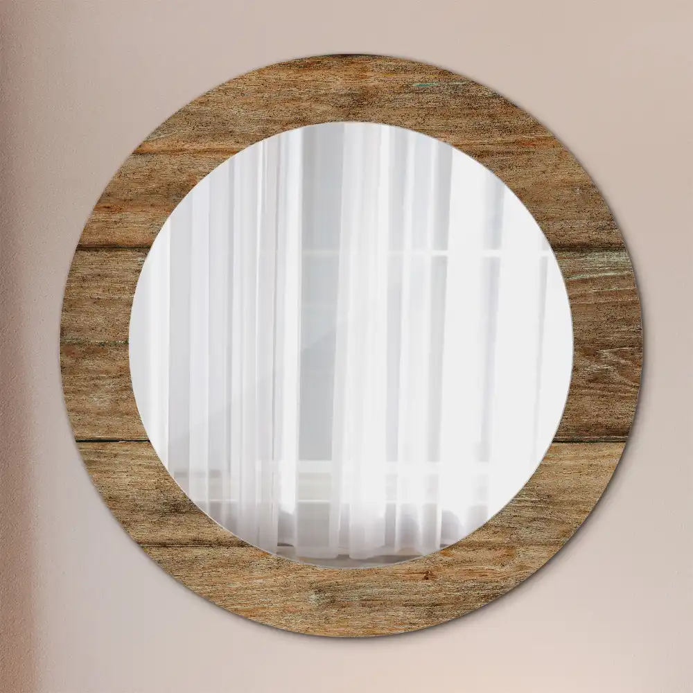 Miroir rond cadre avec impression bois patiné