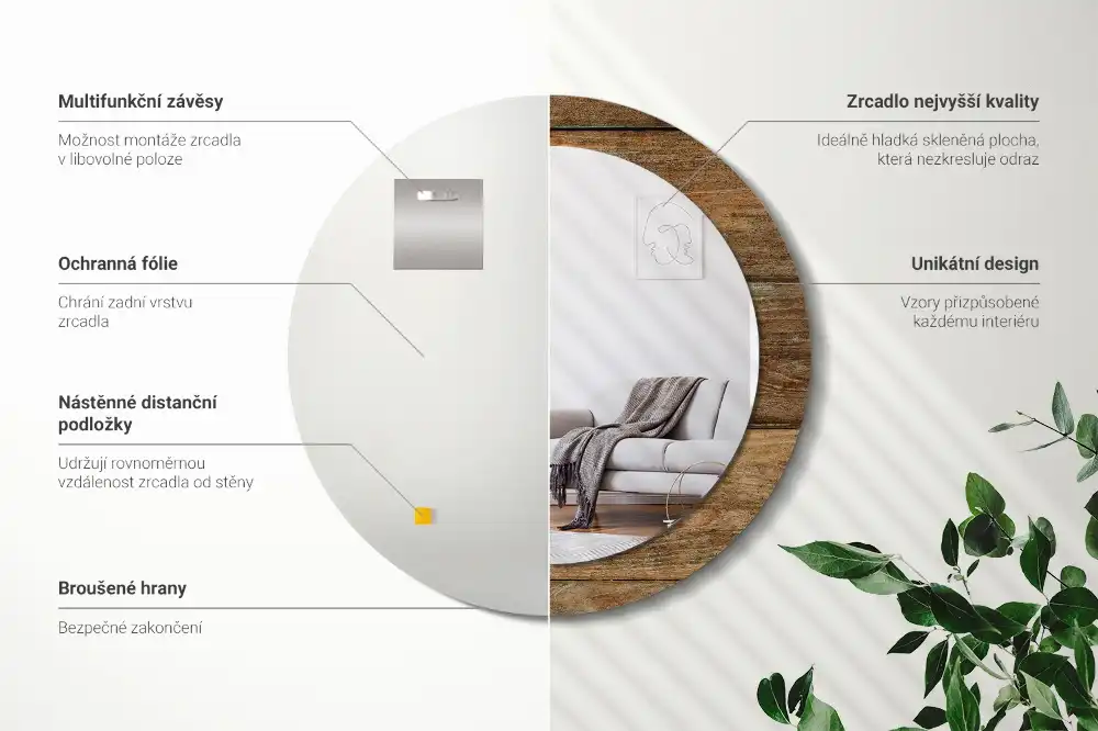 Miroir rond cadre avec impression bois patiné