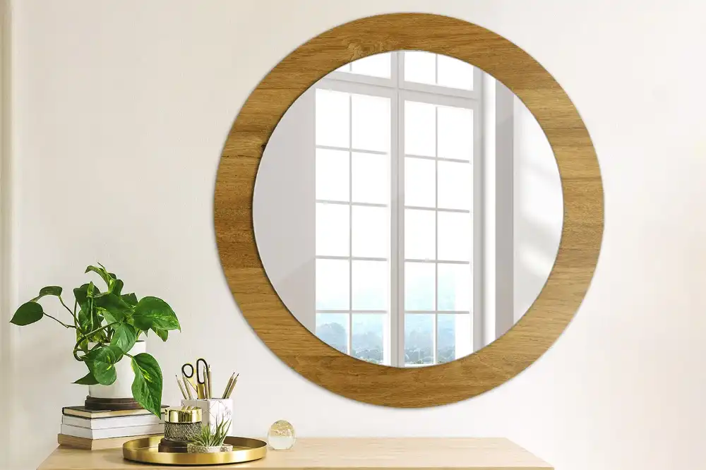 Miroir rond imprimé chêne rustique