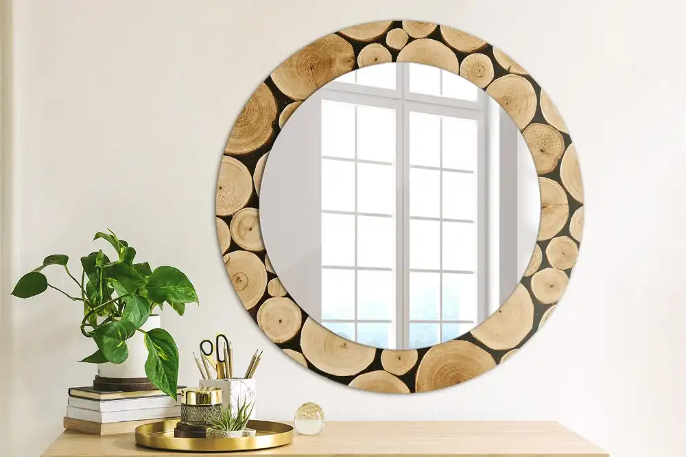 Miroir rond imprimé bûches de bois
