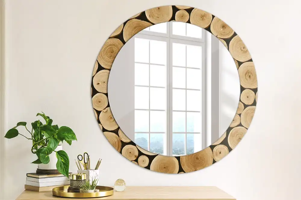 Miroir rond imprimé bûches de bois