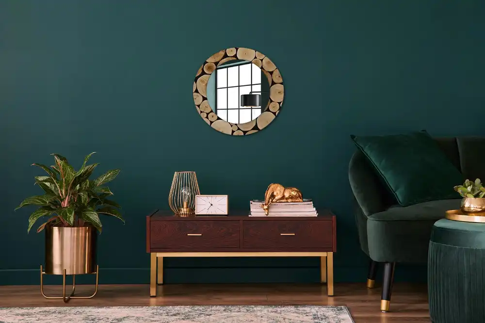 Miroir rond imprimé bûches de bois