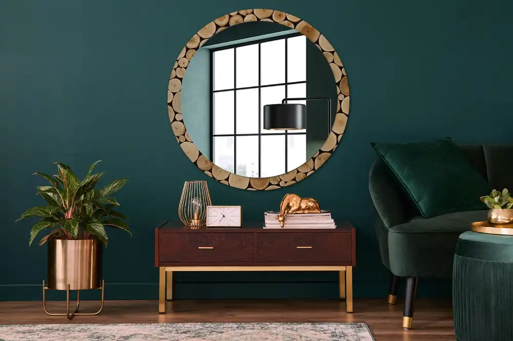 Miroir rond imprimé bûches de bois