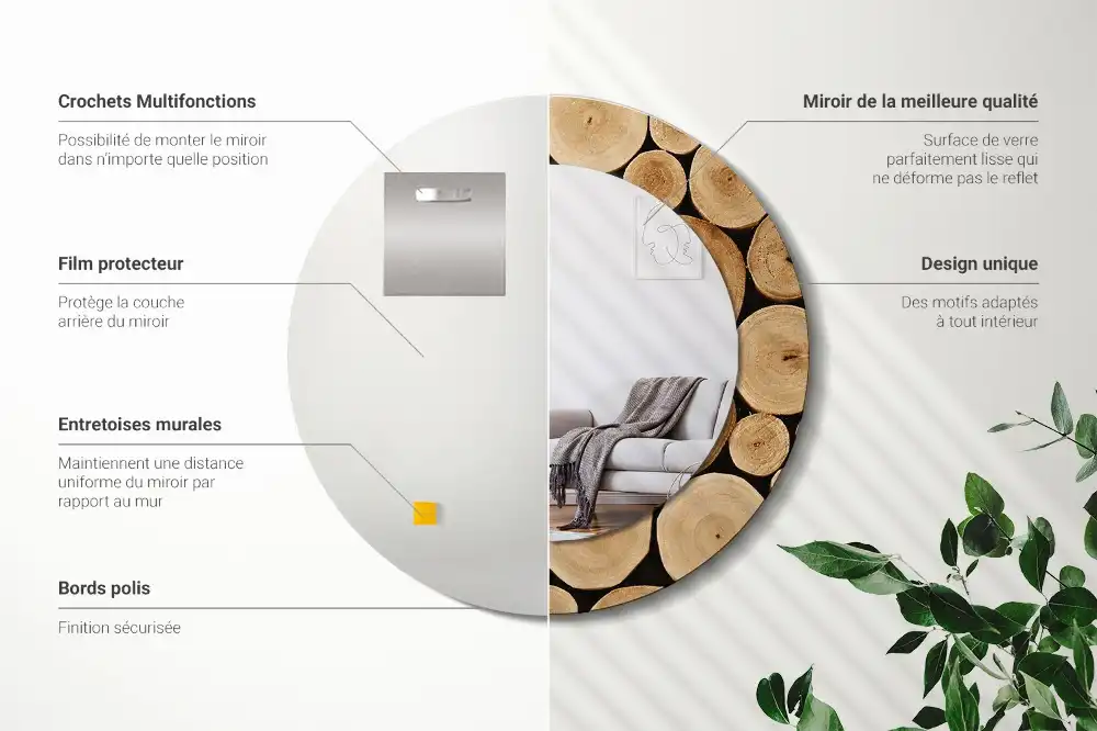 Miroir rond imprimé bûches de bois