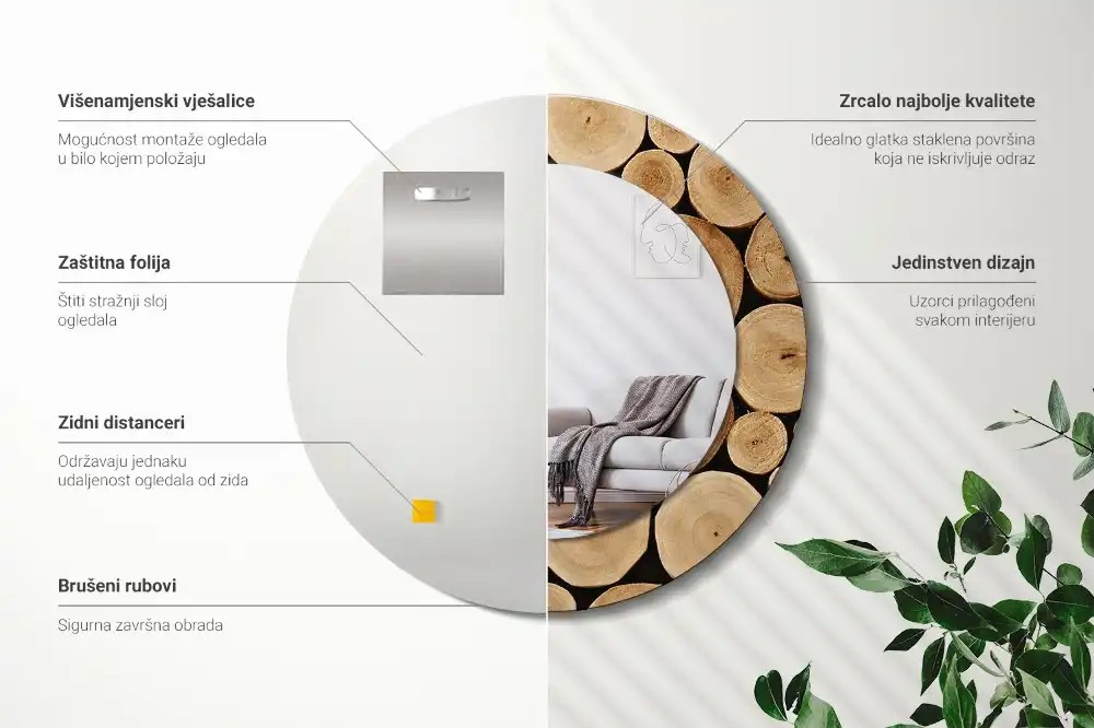 Miroir rond imprimé bûches de bois