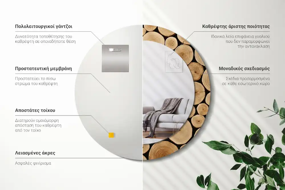Miroir rond imprimé bûches de bois