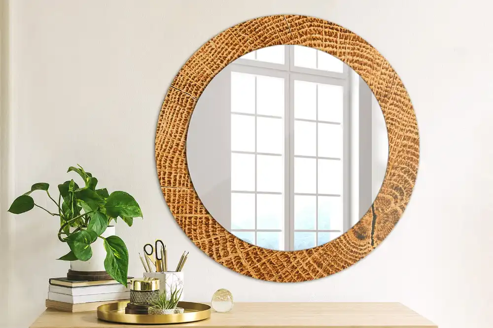 Miroir rond cadre avec impression bois de chêne