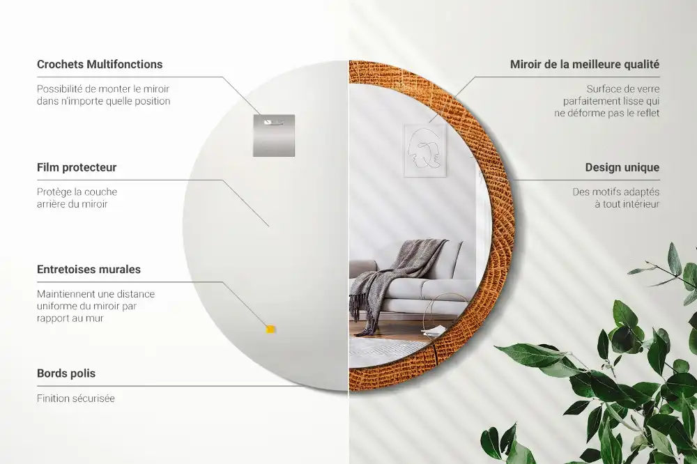Miroir rond cadre avec impression bois de chêne