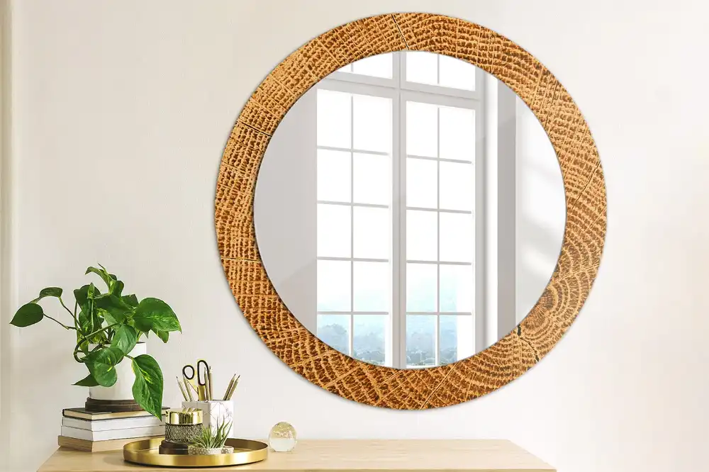 Miroir rond cadre avec impression bois de chêne