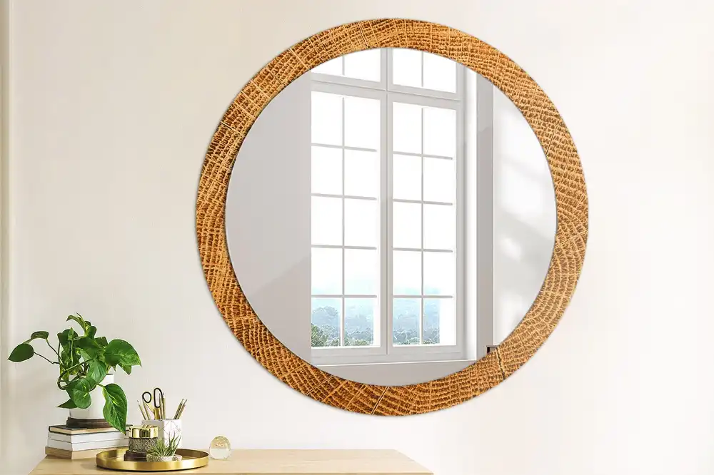 Miroir rond cadre avec impression bois de chêne