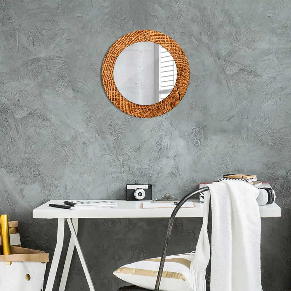 Miroir rond cadre avec impression bois de chêne