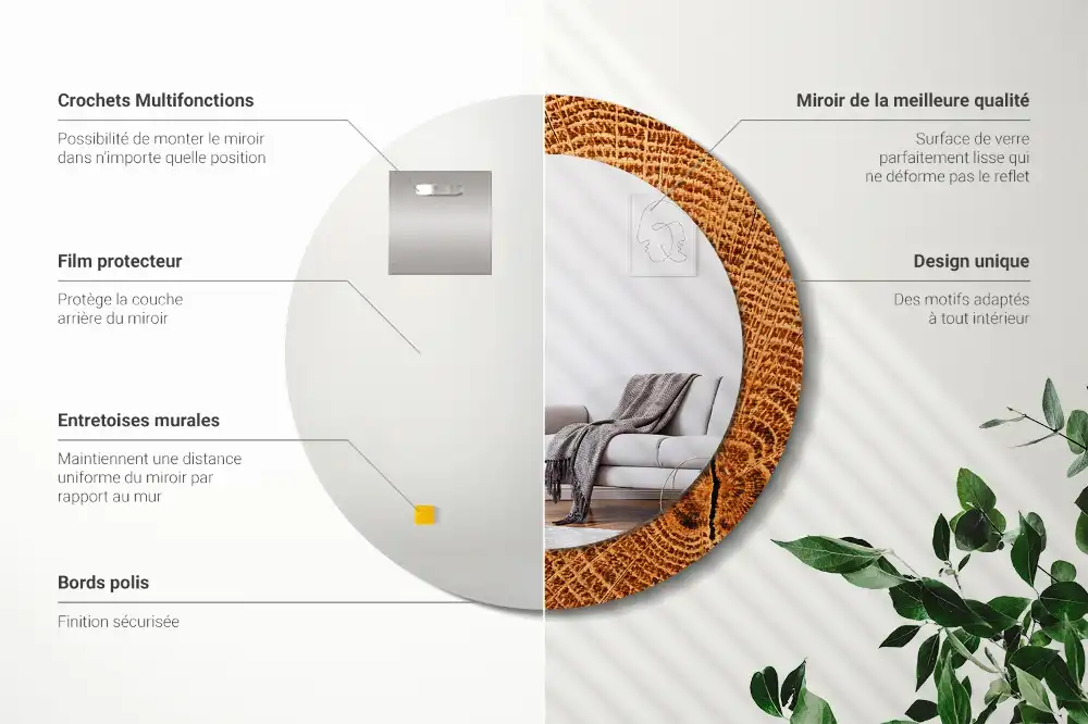 Miroir rond cadre avec impression bois de chêne