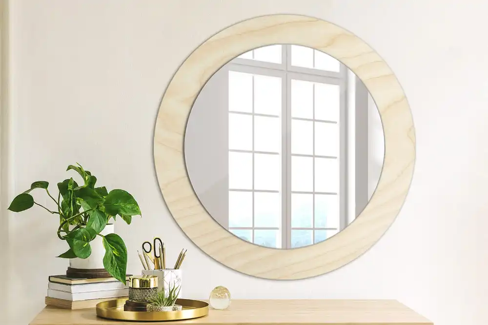 Miroir rond cadre avec impression bois clair