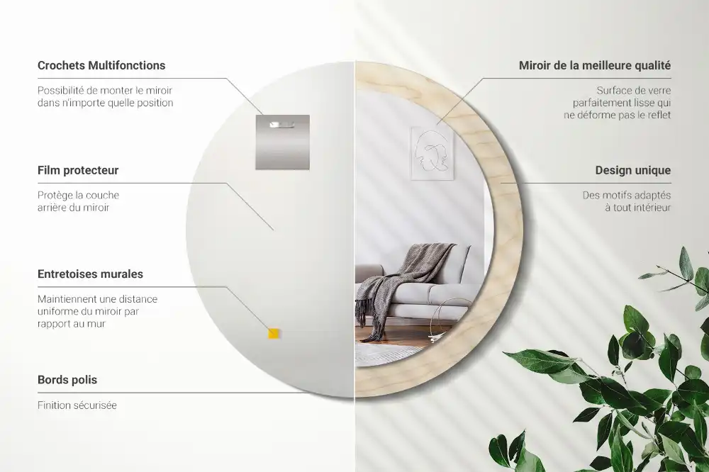 Miroir rond cadre avec impression bois clair