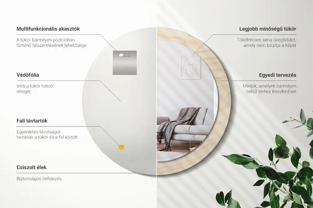 Miroir rond cadre avec impression bois clair