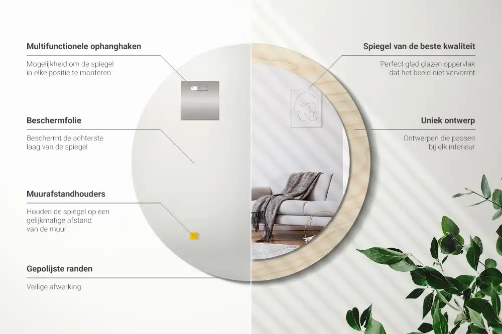 Miroir rond cadre avec impression bois clair