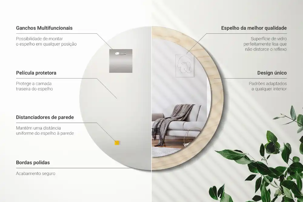 Miroir rond cadre avec impression bois clair