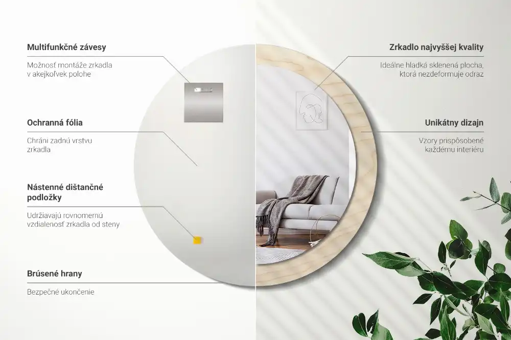 Miroir rond cadre avec impression bois clair