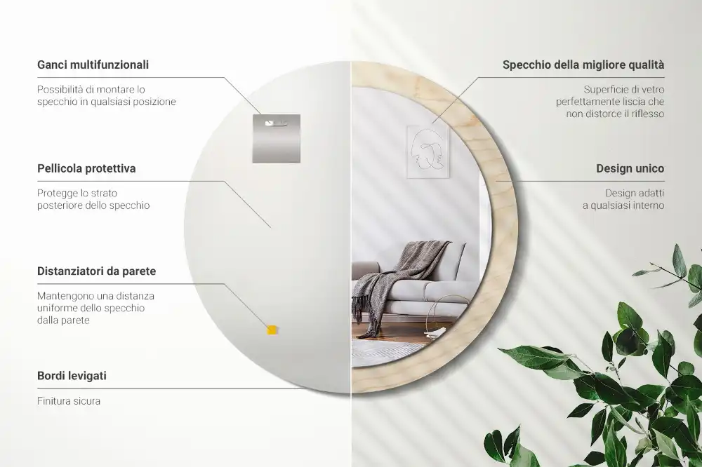 Miroir rond cadre avec impression bois clair