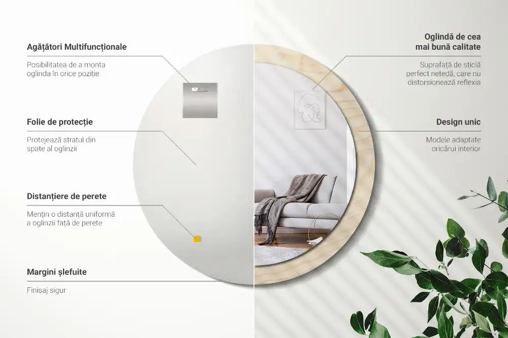 Miroir rond cadre avec impression bois clair
